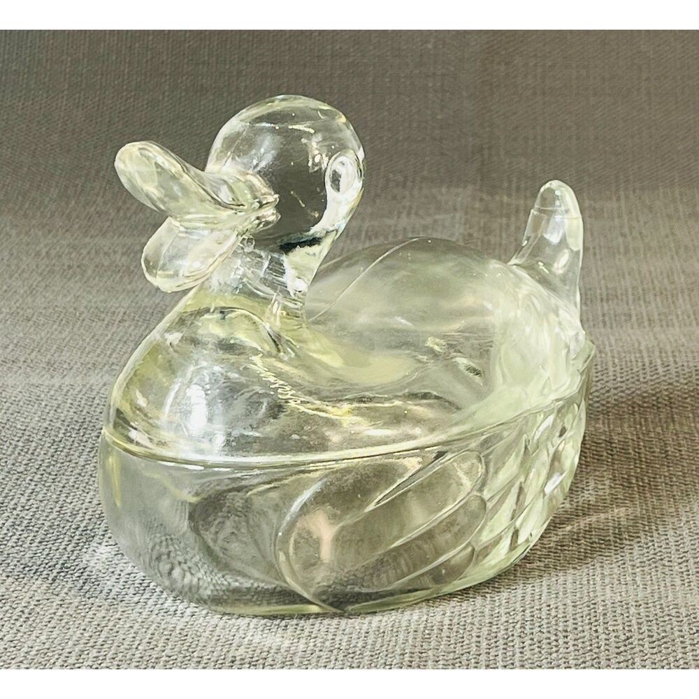 Vintage Clear Glass Duck Trinket Dish with Lid READ
